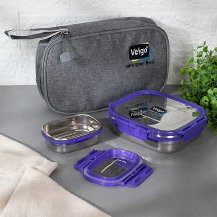 Delica Violet Lunch Box With Pouch (630/180 ML) - Two Piece Set