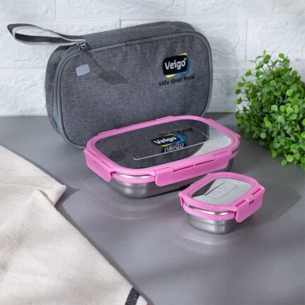 Delico Pack Pink Lunch Box With Insulated Pouch (950 ML /180 ML) - Three Piece Set