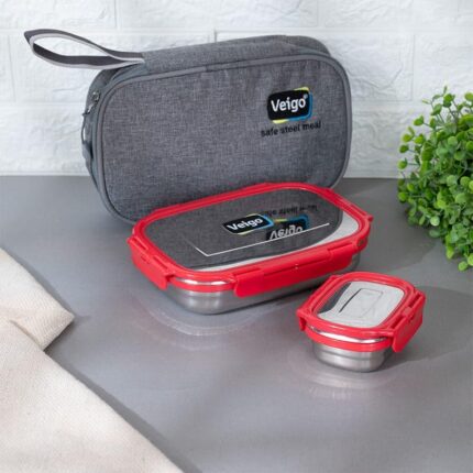 Delico Pack Red Lunch Box With Insulated Pouch (950 ML /180 ML) - Three Piece Set