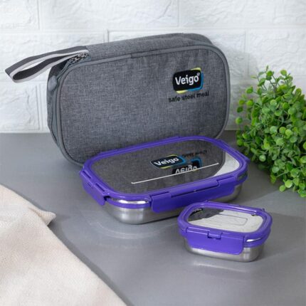 Delico Pack Violet Lunch Box With Insulated Pouch (950 ML /180 ML) - Three Piece Set