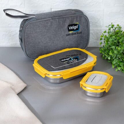 Delico Pack Yellow Lunch Box With Insulated Pouch (950 ML /180 ML) - Three Piece Set
