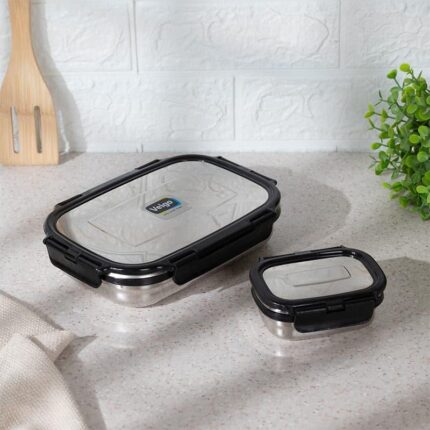 Viora Black Stainless Steel Lunch Box (950/180 ML) - Two Piece Set